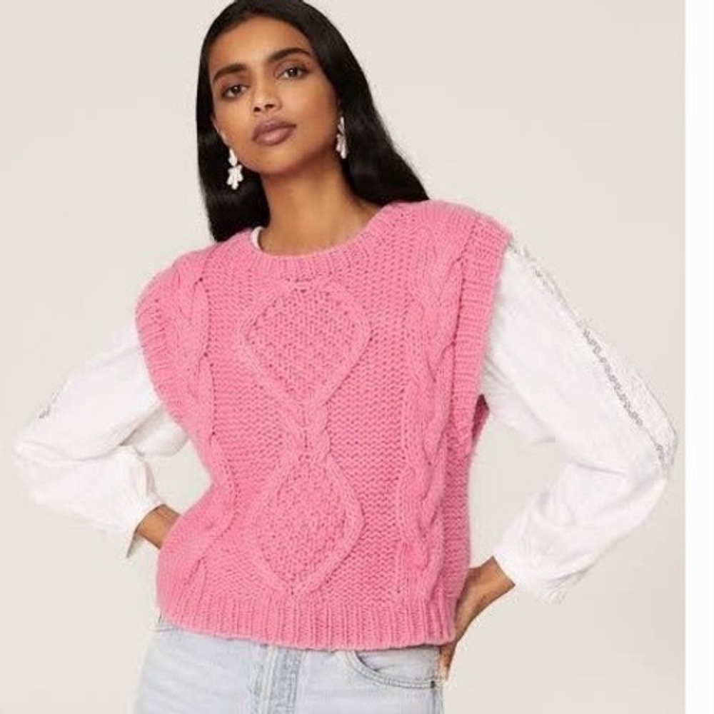 Rixo Renee Pink Cable Knit Wool Blend Cropped Sweater Vest US 4